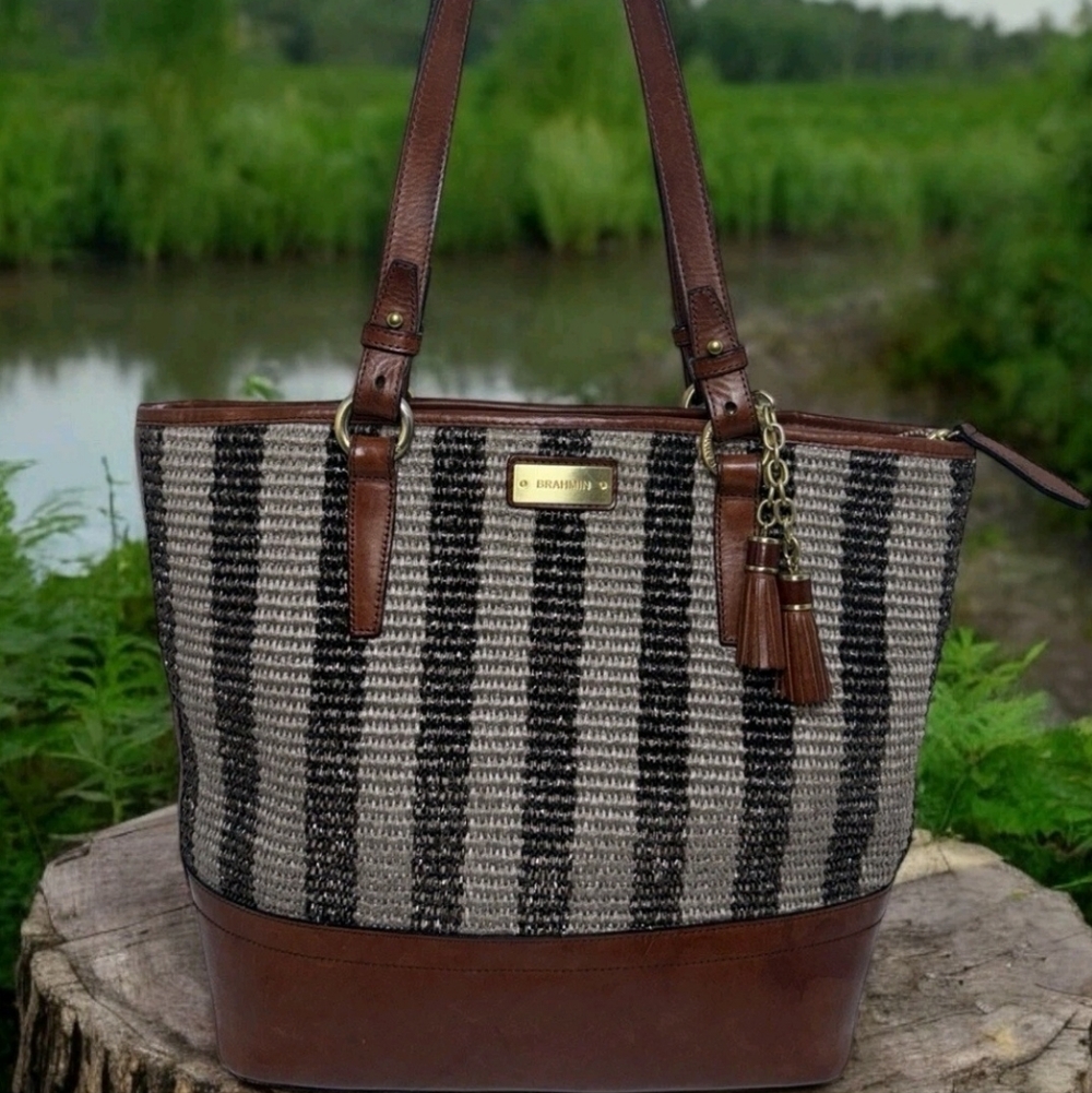 🍂BRAHMIN ASHER LEATHER & STRAW SHOULDER BAG EUC  GREAT FOR SPRING